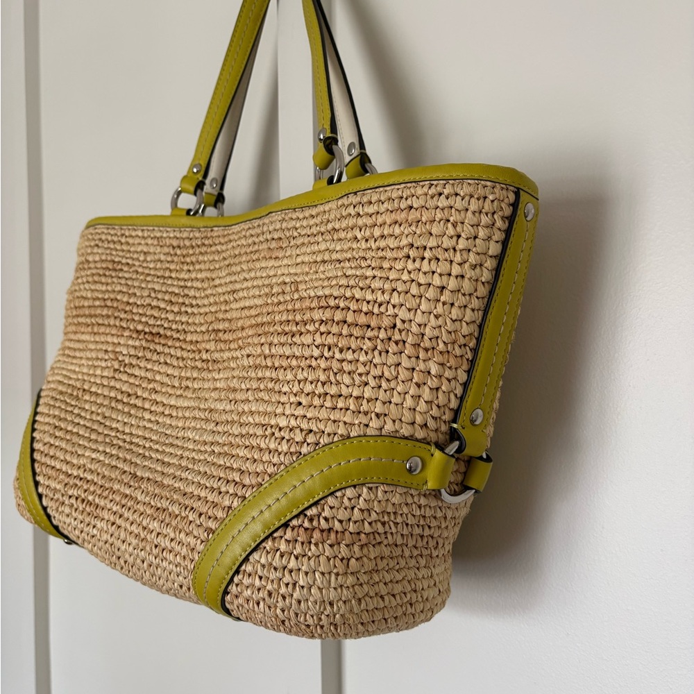 Vintage Coach Straw Shoulder Bag - Lime Green Leather Trim - Picture 7 of 10